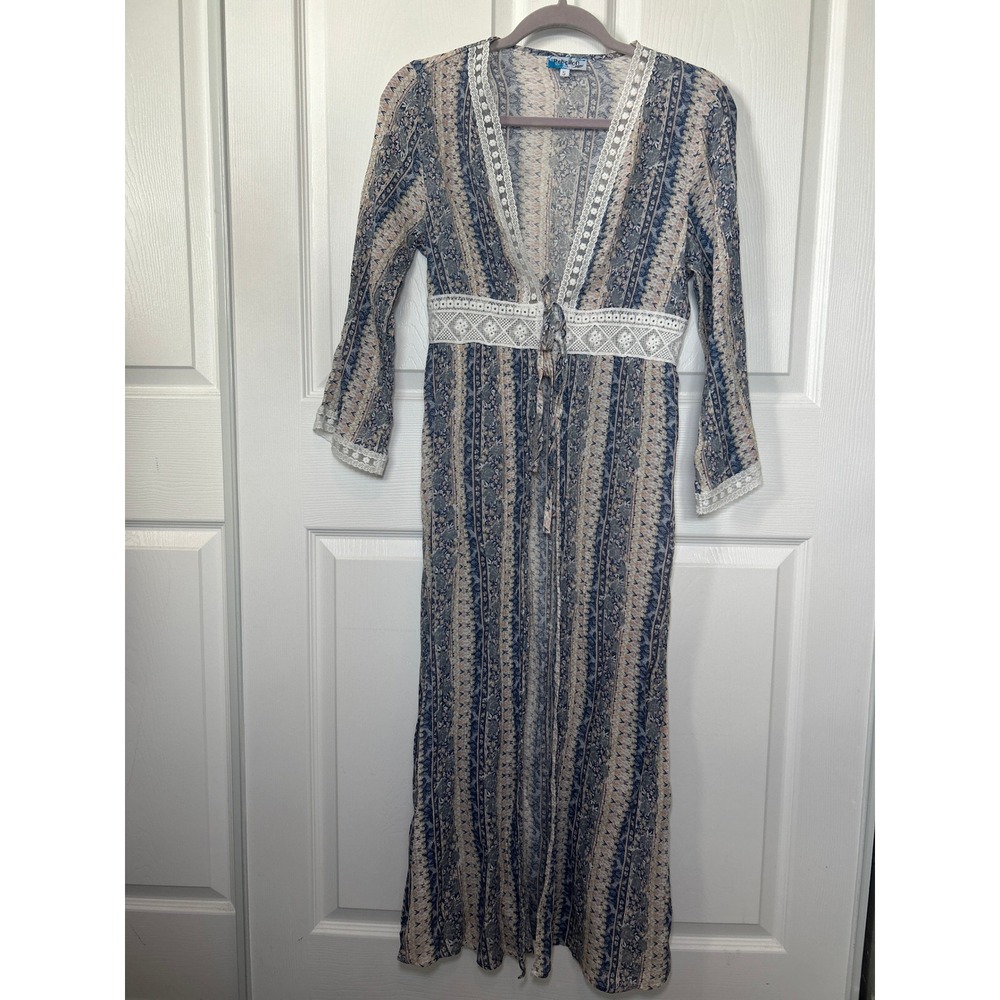 Blue and Cream Women's Long Top